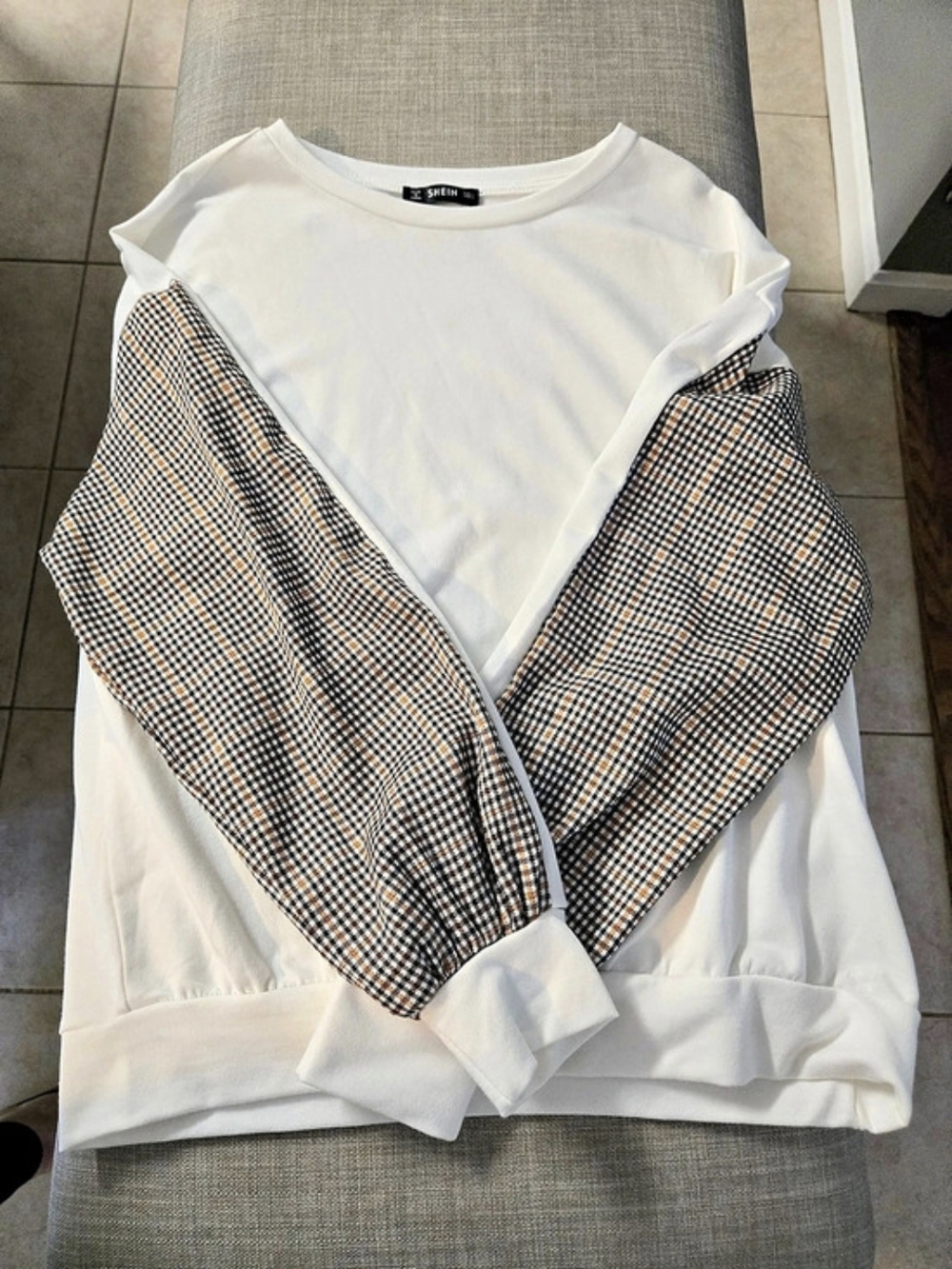 SHEIN Checkered Sleeve Sweatshirt White & Brown Large